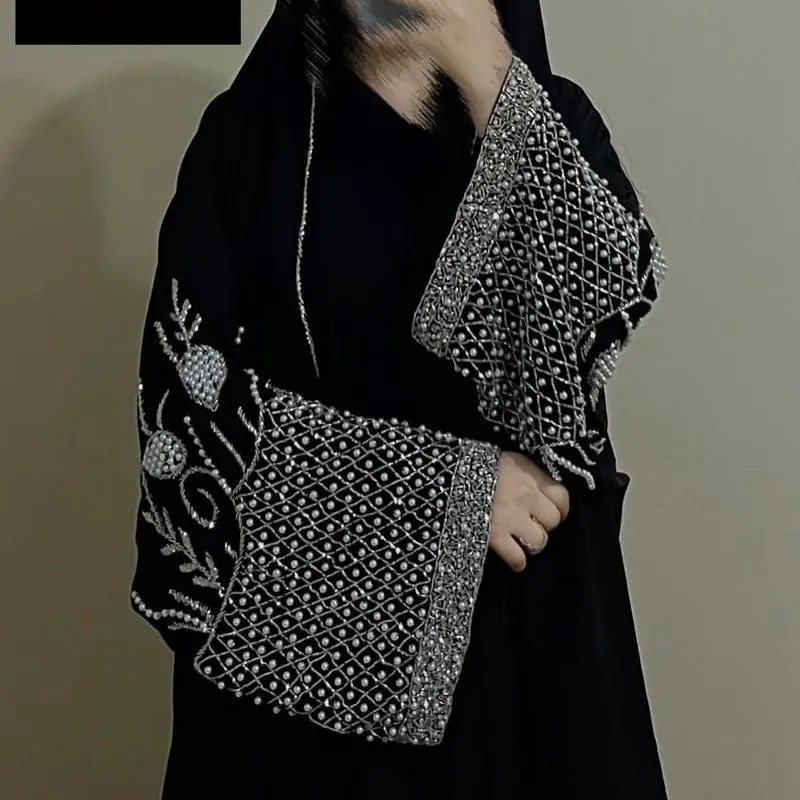 Luxury Open Front Abaya Set for Women, 2-Piece Black Muslim Dress with Rhinestone Diamond Grid, Embellished Cardigan Robe & Matching Hijab for Weddings, Abaya Outer Robe, Modesty Abaya