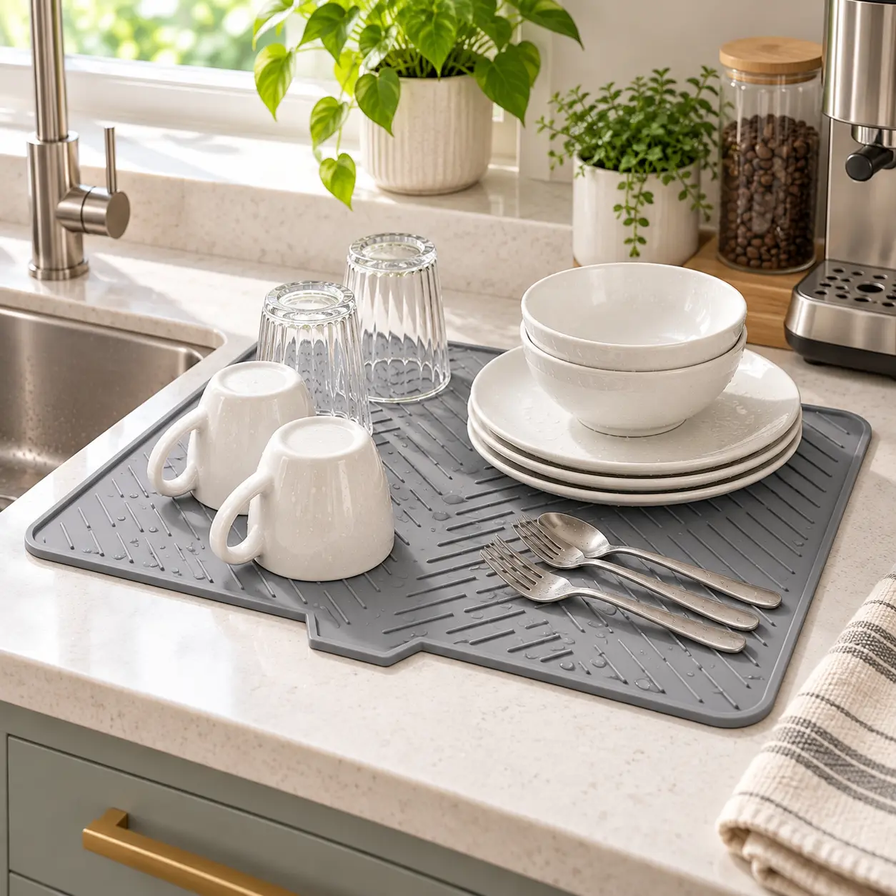 Gray Dish Drying Mat with Drain Lip and Raised Ribs for Kitchen Counter, Dishes, Glasses and Utensils