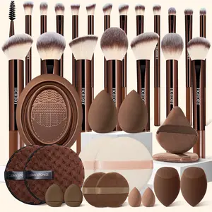 All-Inclusive 37-Pcs Brown Professional Makeup Kit, Features a Comprehensive Collection of Synthetic Brushes, Multiple Sponges, Makeup Puffs, and Essential Brush Cleaning Tools, The Perfect High-Quality Brown Makeup Accessory Set for All Skill Levels