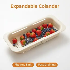 Expandable Over Sink Colander, Adjustable Length Kitchen Strainer Basket, BPA-Free Plastic Fruit Vegetable Washing Drain Basket, Extendable Sink Colander for Berries, Salad, Pasta, Veggie Washing