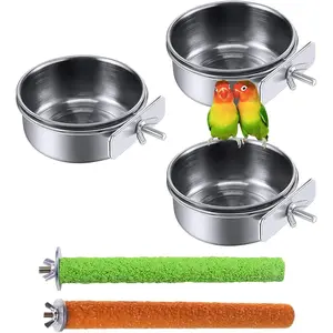 Stainless Steel Bowls for Birds,Parrot Feeding Dish Cups Parakeet Food Water Dishes with Clamp Holder Perches for Cockatiel Budgies Macaw Small Animal Chinchilla(5 Pack)