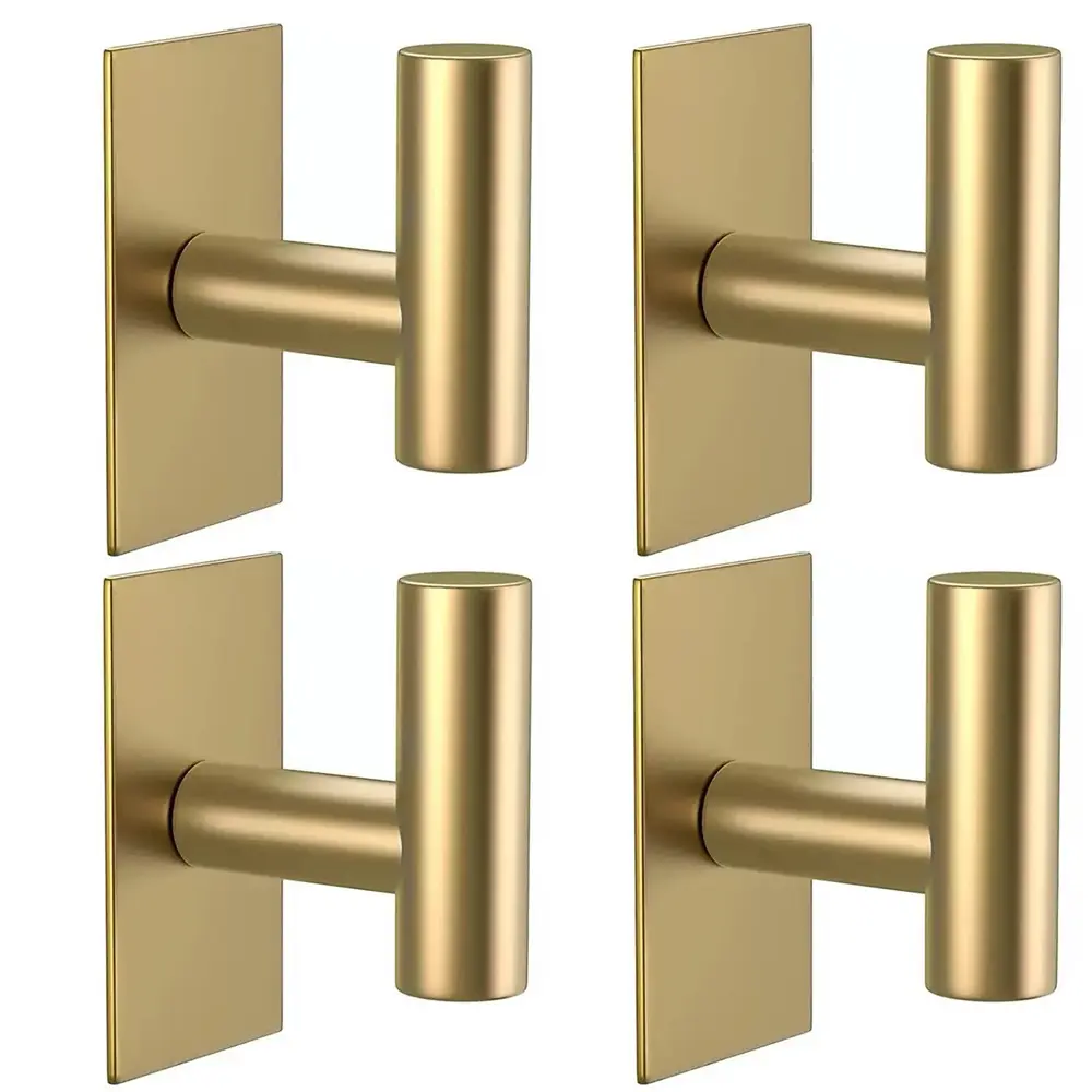 4Pcs Heavy Duty T-Shaped Stainless Steel Removable Towel Hooks, Brushed Gold Finish, Adhesive Mount & Wall Mount, Ceramic & Smooth Tile Compatible, Easy to Clean Home Improvement Bathroom Fixtures, Adhesive Hooks, Hanging Hooks