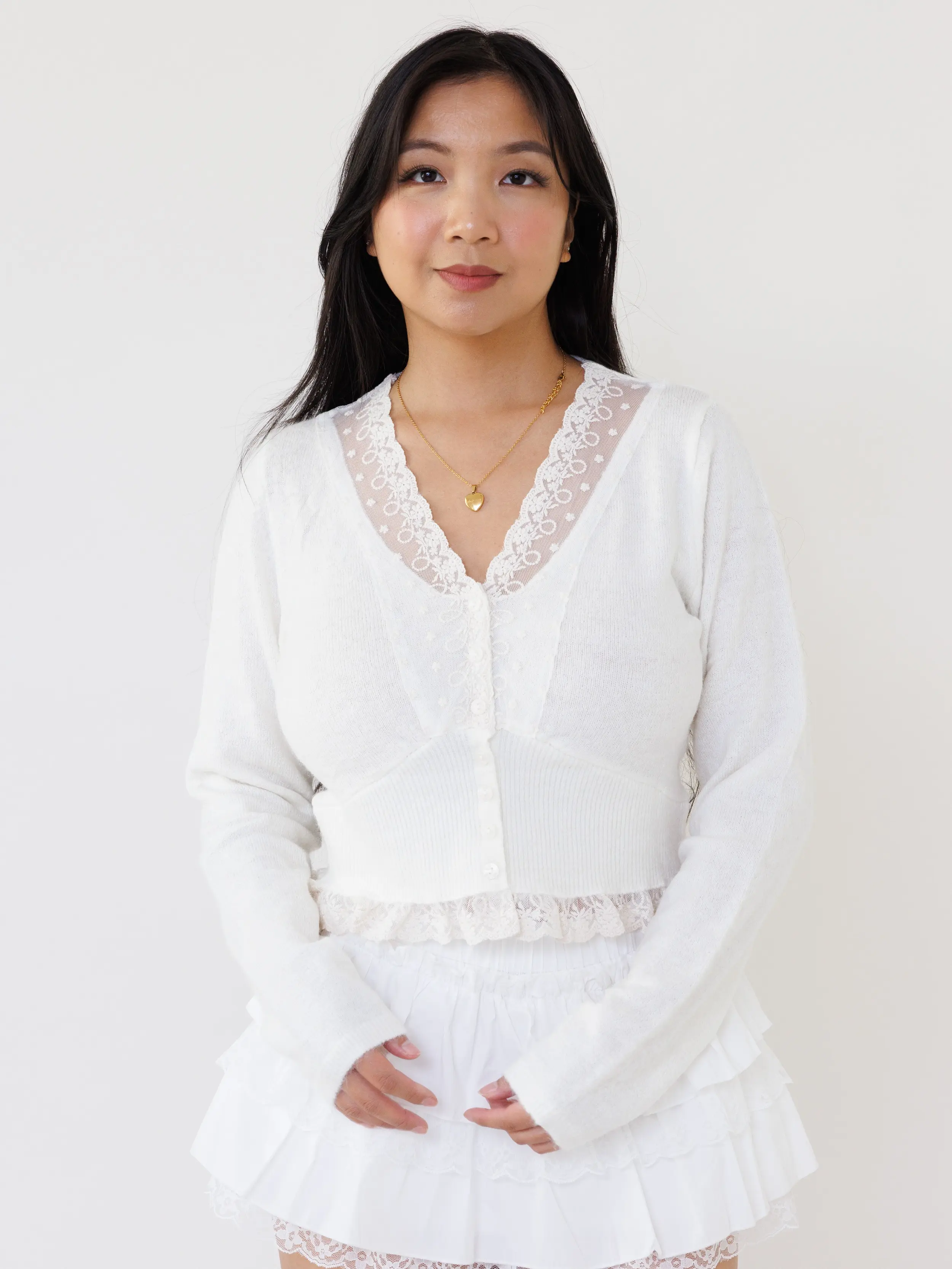 Journal Entry Sweater - Cream Knit Cardigan with V-Neckline, Long Sleeves, Floral Lace Trim, Cropped Fit, Front Button-Up Closure, Ruffle Hem, Versatile Layering Piece