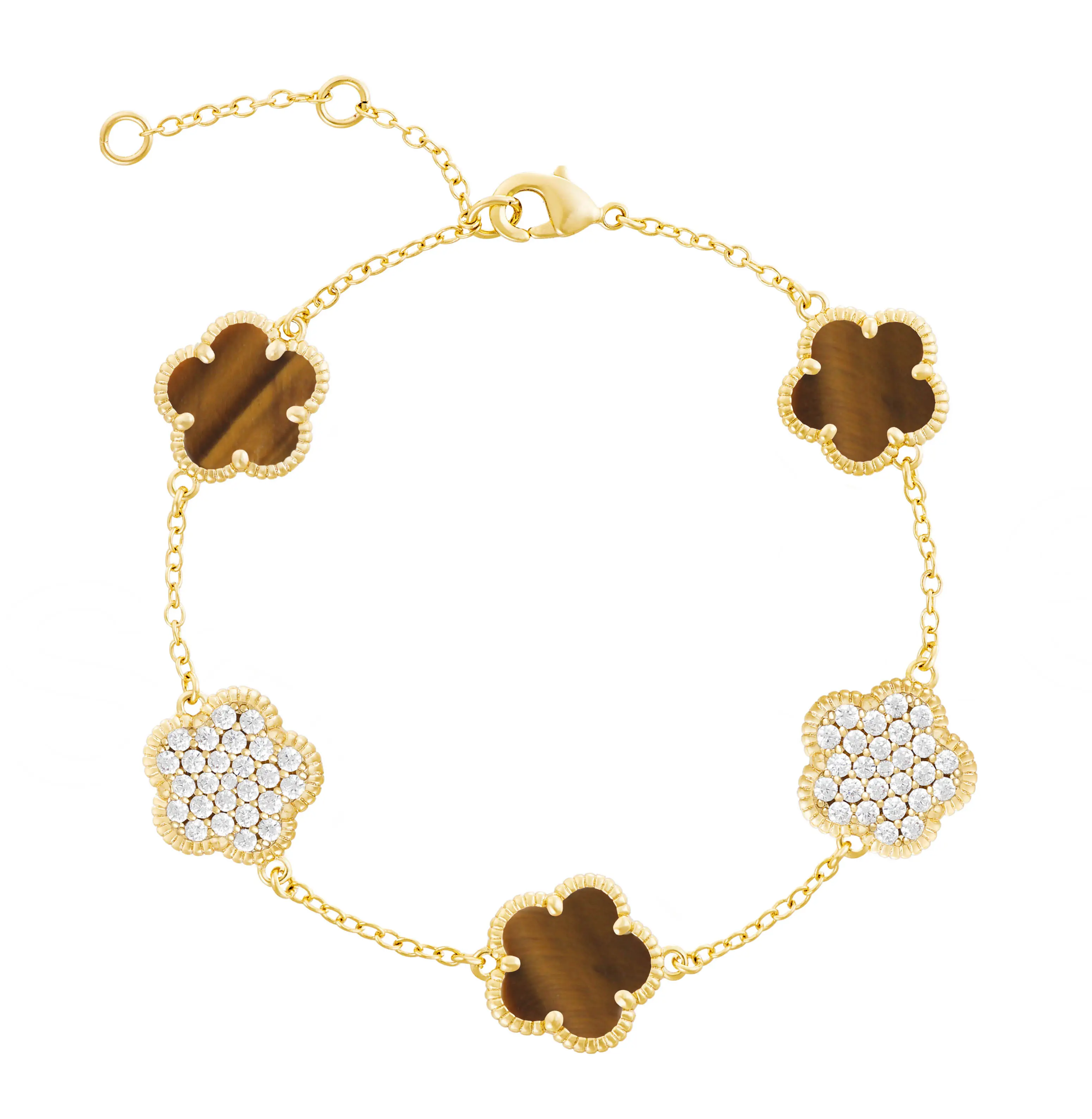 JANKUO Flower 14K Goldplated, Tigereye & Cubic Zirconia Double Sided Bracelet