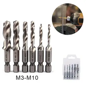 6 Pcs Combination Tap and Drill Bit Set Combination Drills Tap Bit Set Thread Taps Drill Bits Sets Multi Use Countersink Hex Bits Sets M3 M4 M5 M6 M8 M10