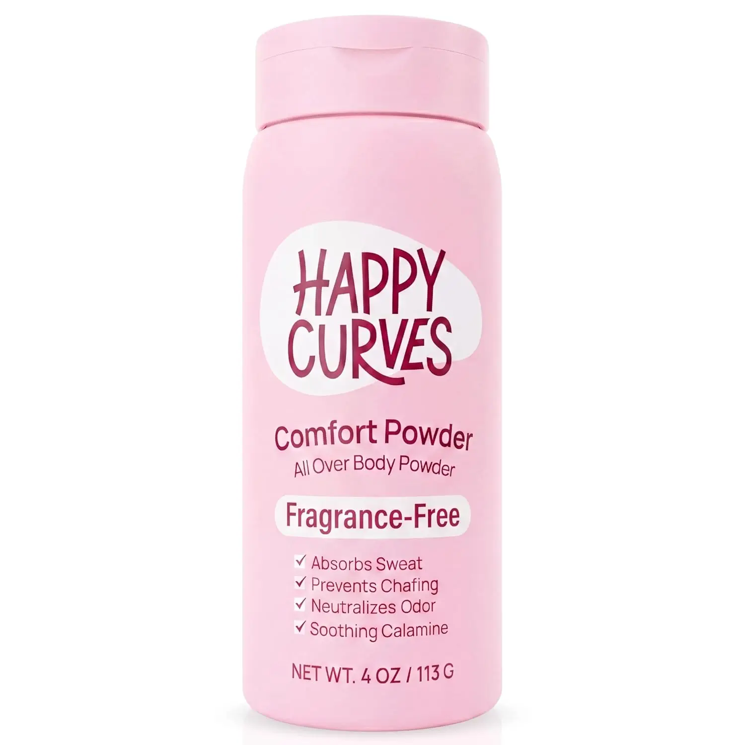 HAPPY CURVES Comfort Powder: Talc Free Anti Chafe Body & Foot Dusting Powder Deodorant to Control Inner Thigh Chafing, Private Areas, and All Over Body for Women (4 Ounce (Pack of 1), Fragrance-Free)