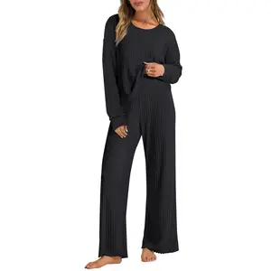 ANRABESS Women 2 Piece Lounge Pajamas Sets Casual Ribbed Knit Long Sleeve Top Pants Matching Set Fall Outfits Clothes Loungewear