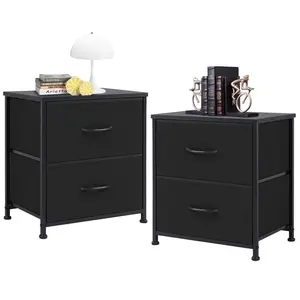 2 Drawer Nightstand Set of 2, Small Dresser with Fabric Storage Bins, Versatile Bedside Table for Bedroom, Living Room, Dorm, or Entryway, Compact End Table with Sturdy Wood Top, Black