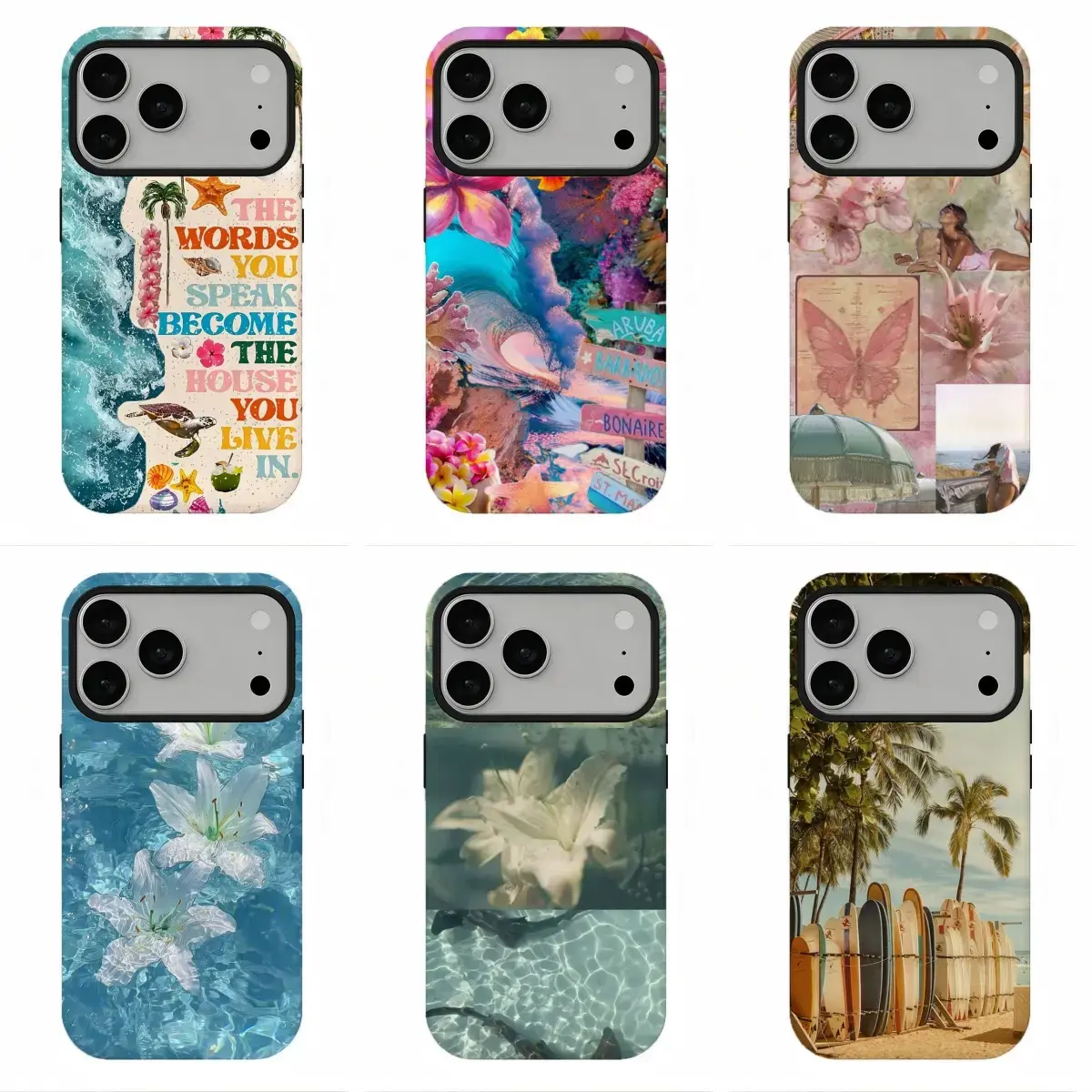 Boho Summer Palm Surfboard Underwater Lily Collage Phone Case Y1604 | Phone Case Compatible with iPhone 17 16 15 14 13 12 11 pro pro max & Samsung S26 S25 S24 S23 S22 Durable Protection Dual Layer Design Glossy