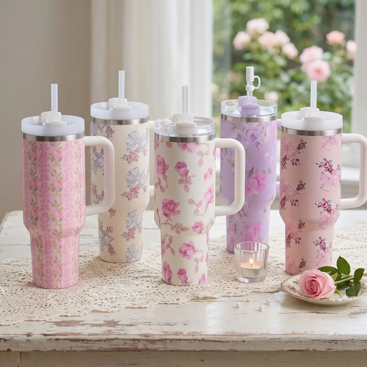 LoveShackFancy Inspired 40oz Stainless Steel Tumbler with Handle and Straw - Vintage Floral Coquette Bows Insulated Travel Mug, Cupholder Friendly