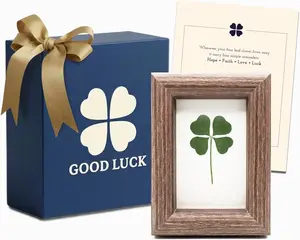 Real Four Leaf Clover Framed Gift - Shamrock Irish Gifts, Unique Good Luck Gift for Women & Men - Handmade Preserved 4 Leaf Clover Tabletop Keepsake in Walnut Colored Frame (4” x 3”)