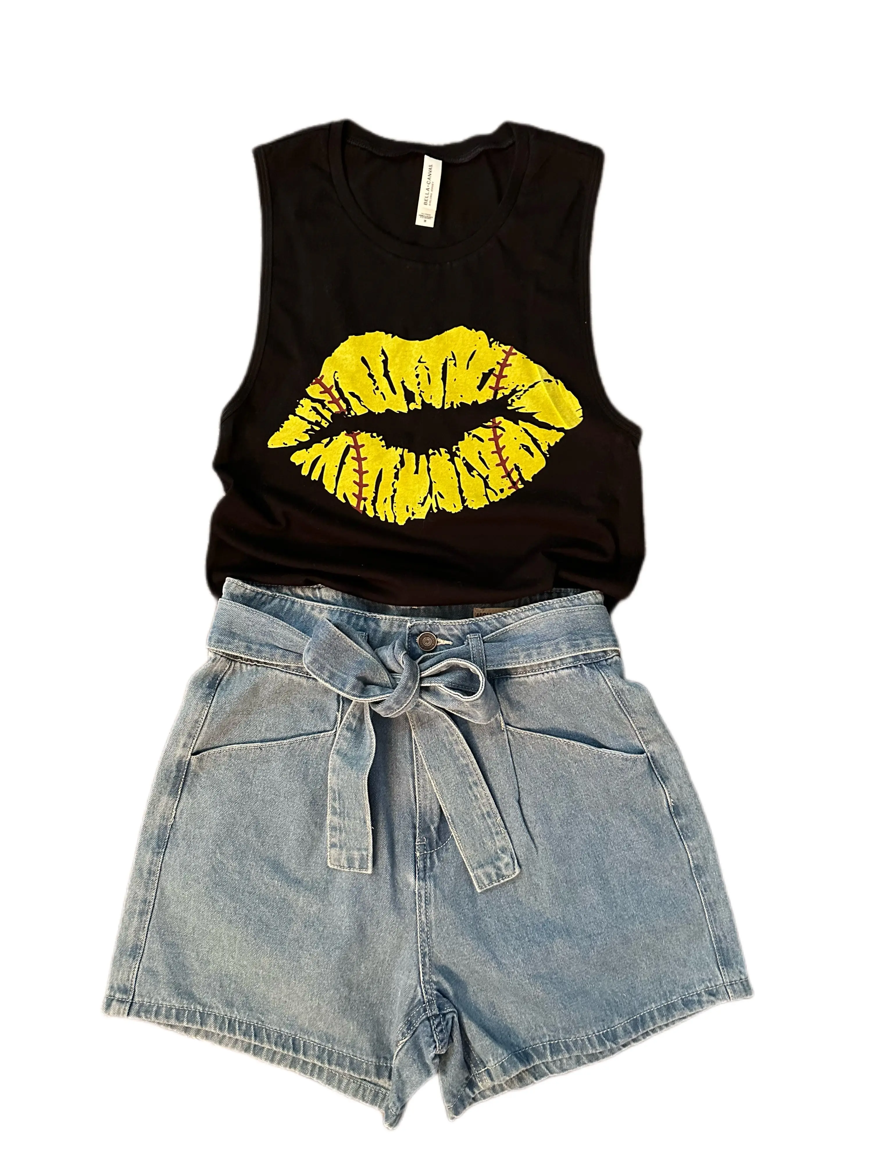 Women's Airlume Cotton Tank Top Undershirt - Crew Neck, Breathable Sleeveless, Relaxed Fit, 4.2 Oz. Lightweight, Low Cut Armhole, Tear Away Label, No Hem, Screenprint Yellow Softball Kiss Graphic, for Softball Game Days