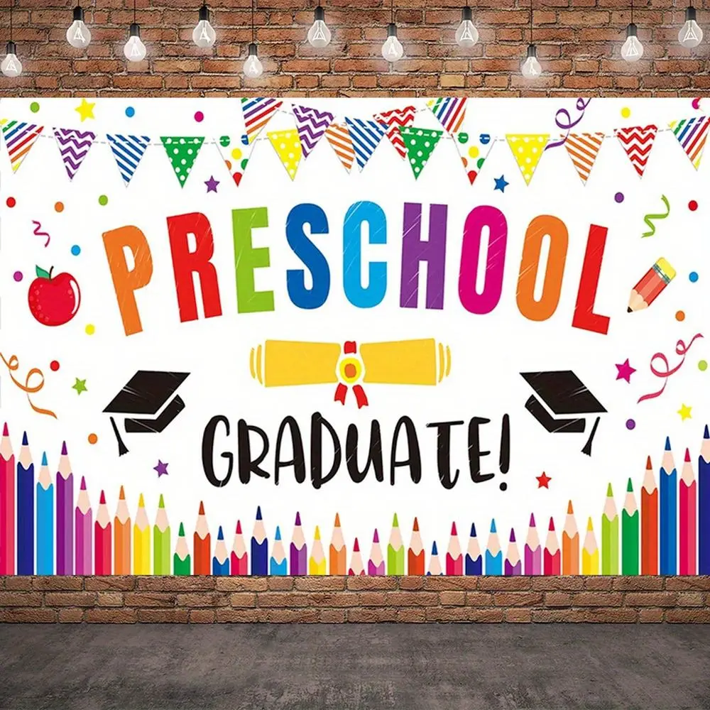 1PC 2D Flat Polyester Reusable Standing Banner - Colorful Pencils & Grad Caps Themed Party Decoration Supplies, Preschool Kids’ Graduation Photo Backdrop & Wall Hanging, Birthday Decorations Supplies