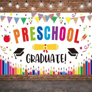 1PC,2D Flat Backdrop Preschool Graduation Decor Backdrop, Colorful Pencils & Grad Caps Themed Party Decoration Banner, Photo Booth Background for Kids’ Preschool Graduation Ceremony, Festive Wall Ha