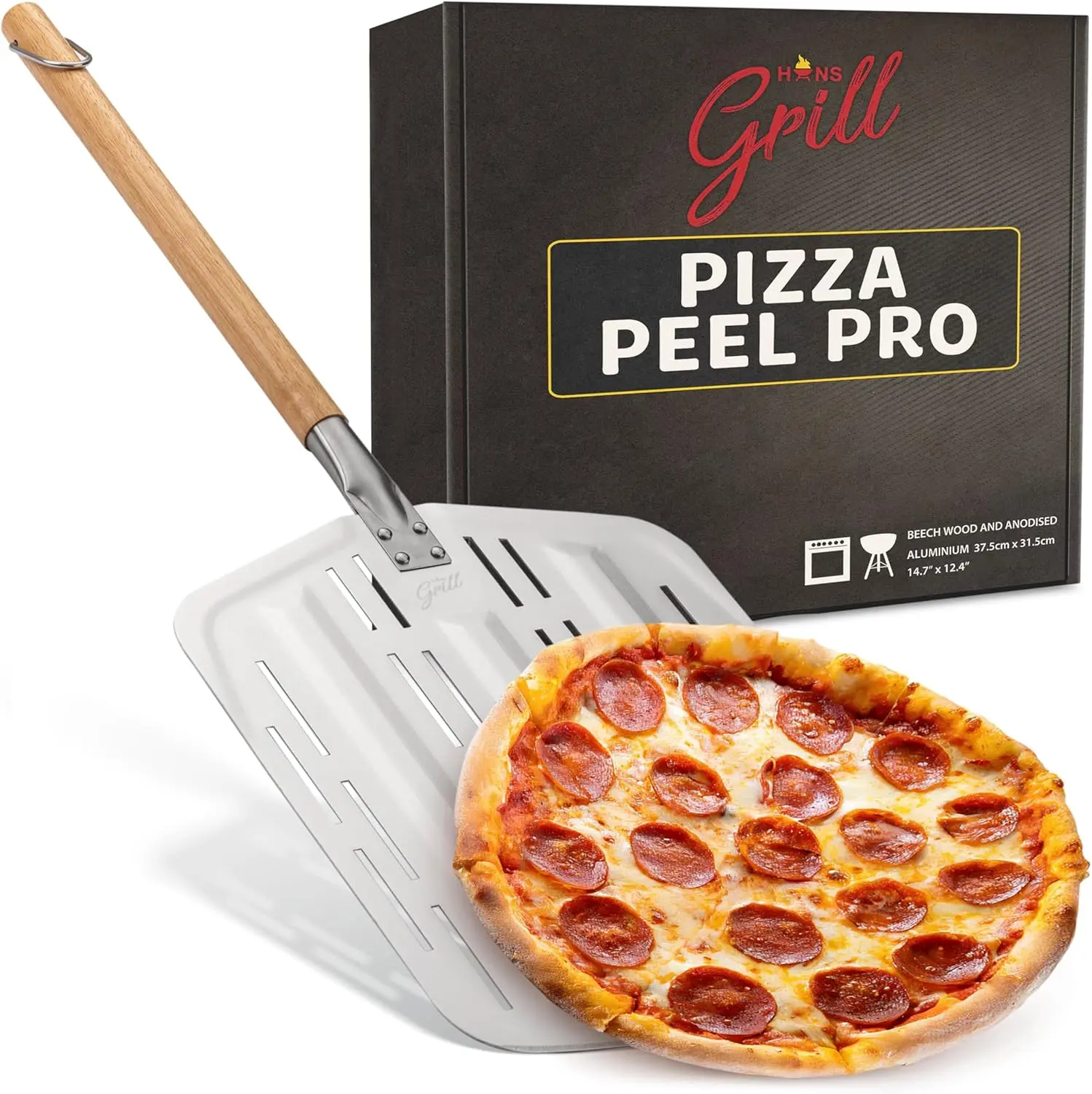 Hans Grill Pizza Peel PRO, Perforated Metal Non-Stick Paddle 12 Inch
