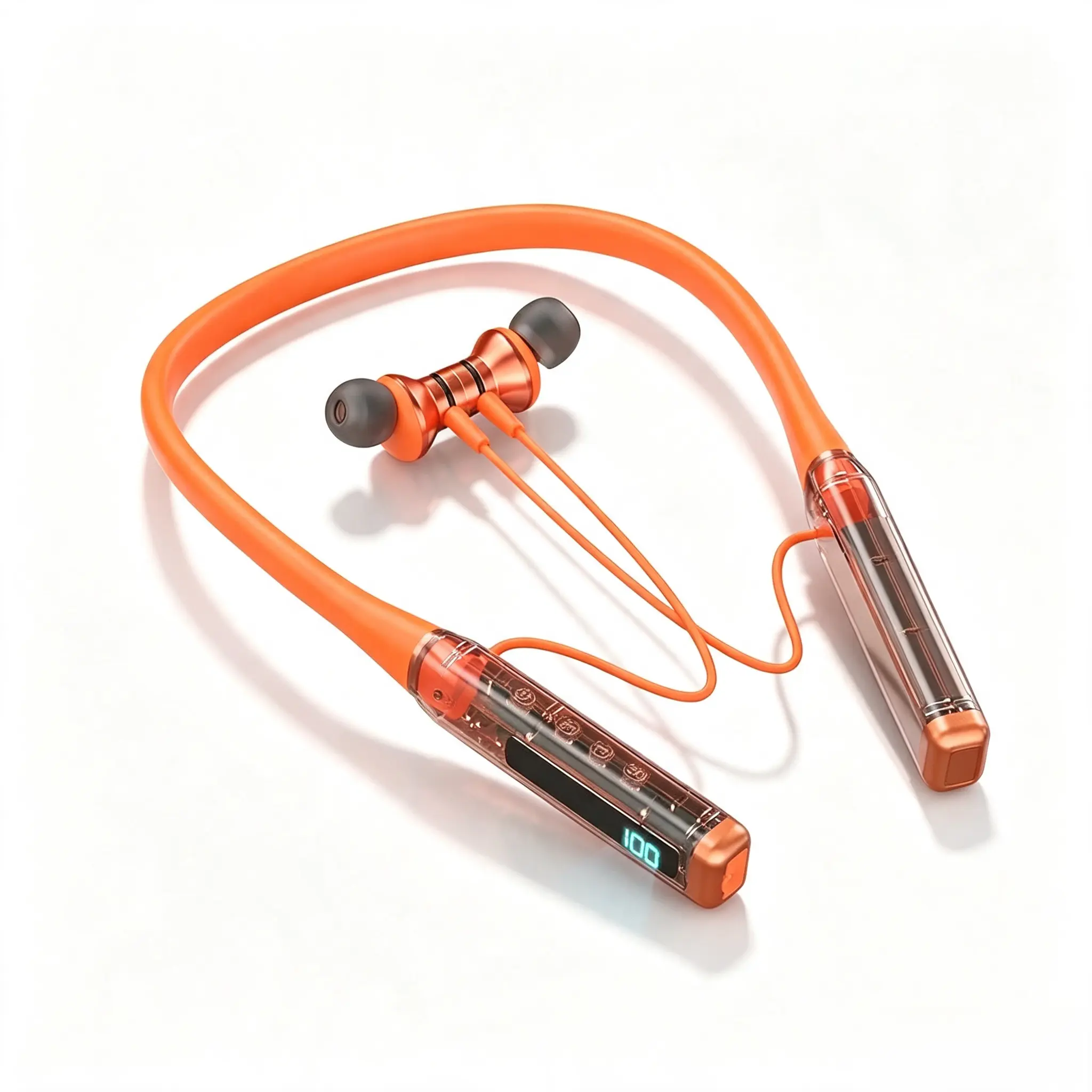 Bluetooth 5.3 Neckband In-Ear Earbuds with Transparent Housing, HiFi Audio 10mm Driver, TF Card Offline Play, Built-in Mic for Sports Use
