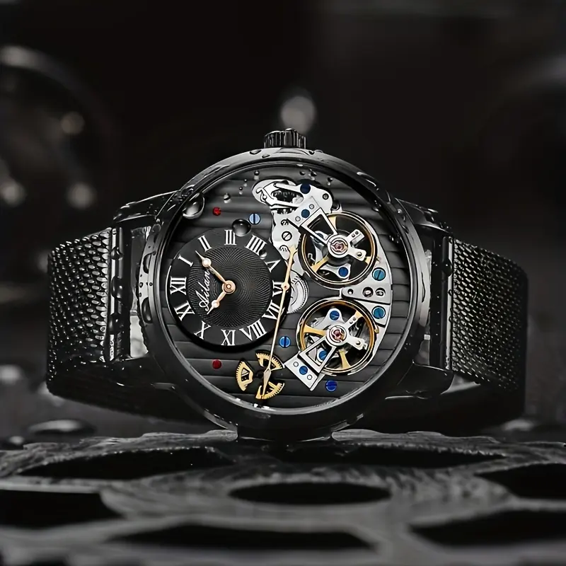 Ailang Men's Luxury Double Tourbillon Skeletonized (Hollowed) Luminous Waterproof Automatic Watch - Non-Battery, Black, Fashion, Gold-Accented Mechanical Wristwatch for Style-Conscious Men, Non-Battery Mechanical Watches, Black Mechanical Watches