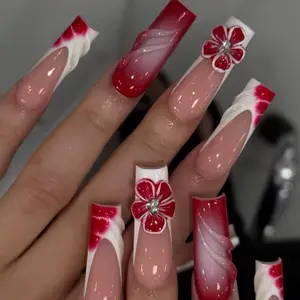 Red & White Gradient Fake Nails with Rhinestone Decor, 24pcs/box Long Square Press on Nails for Women & Girls DIY Nail Art, Elegant Stick on Nails Kit