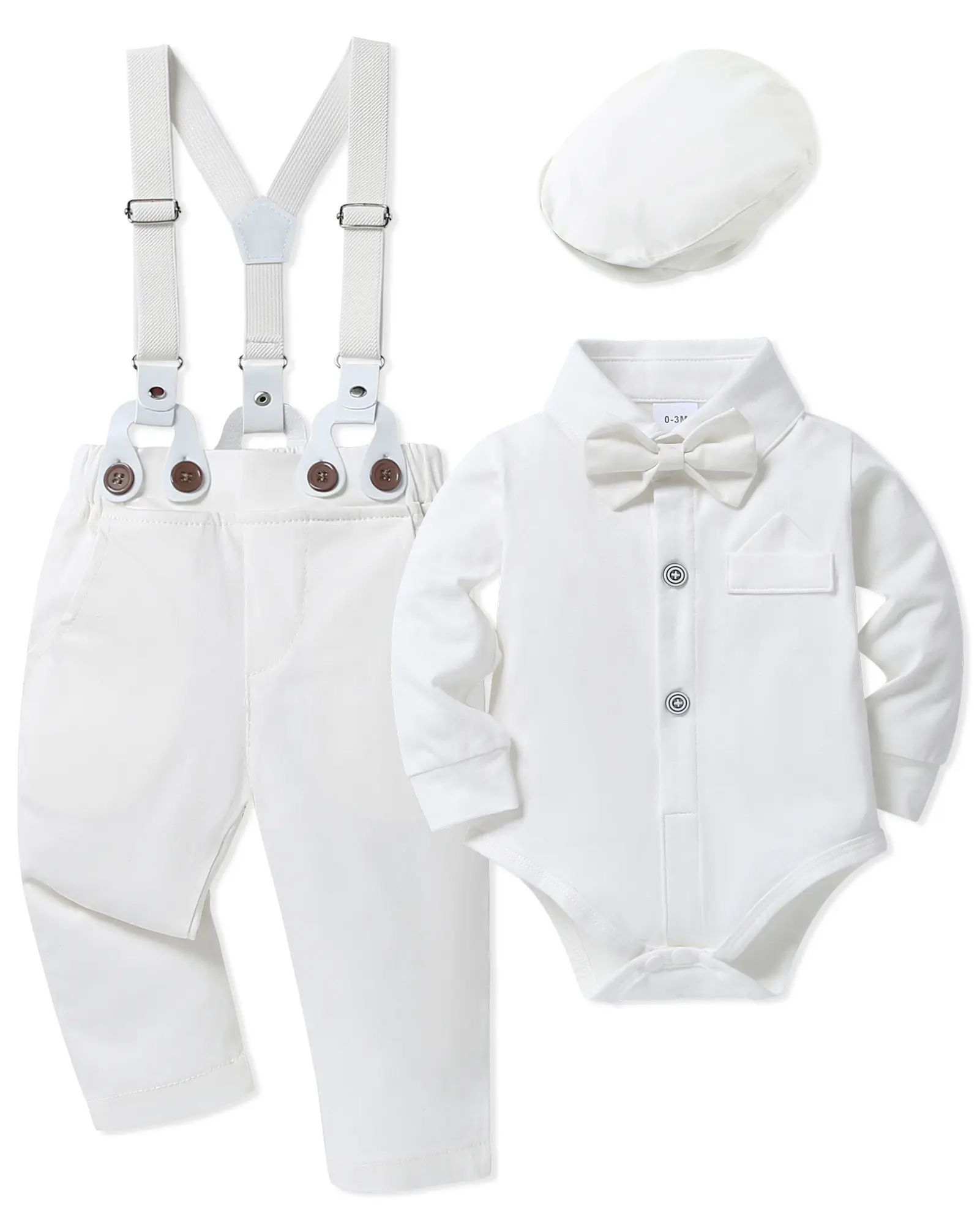 Baby Boy Gentleman Suit Set, 4-Piece Original Cotton Outfit with Detachable Bow Tie & Suspenders for Baptism, Easter & Weddings, Cozy, Baby Clothing, Original Set, Cute, Long Sleeve, Elastane, Fitted, All Season