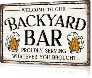 Vintage Metal-Toned Welcome Sign - 8x12 in Outdoor Weatherproof Rustic Plaque, Farm-Themed Home Decor for Backyard Bar Farmhouse Displays, Proudly Serving Whatever You Brought Home, Farm-Themed Home Signs
