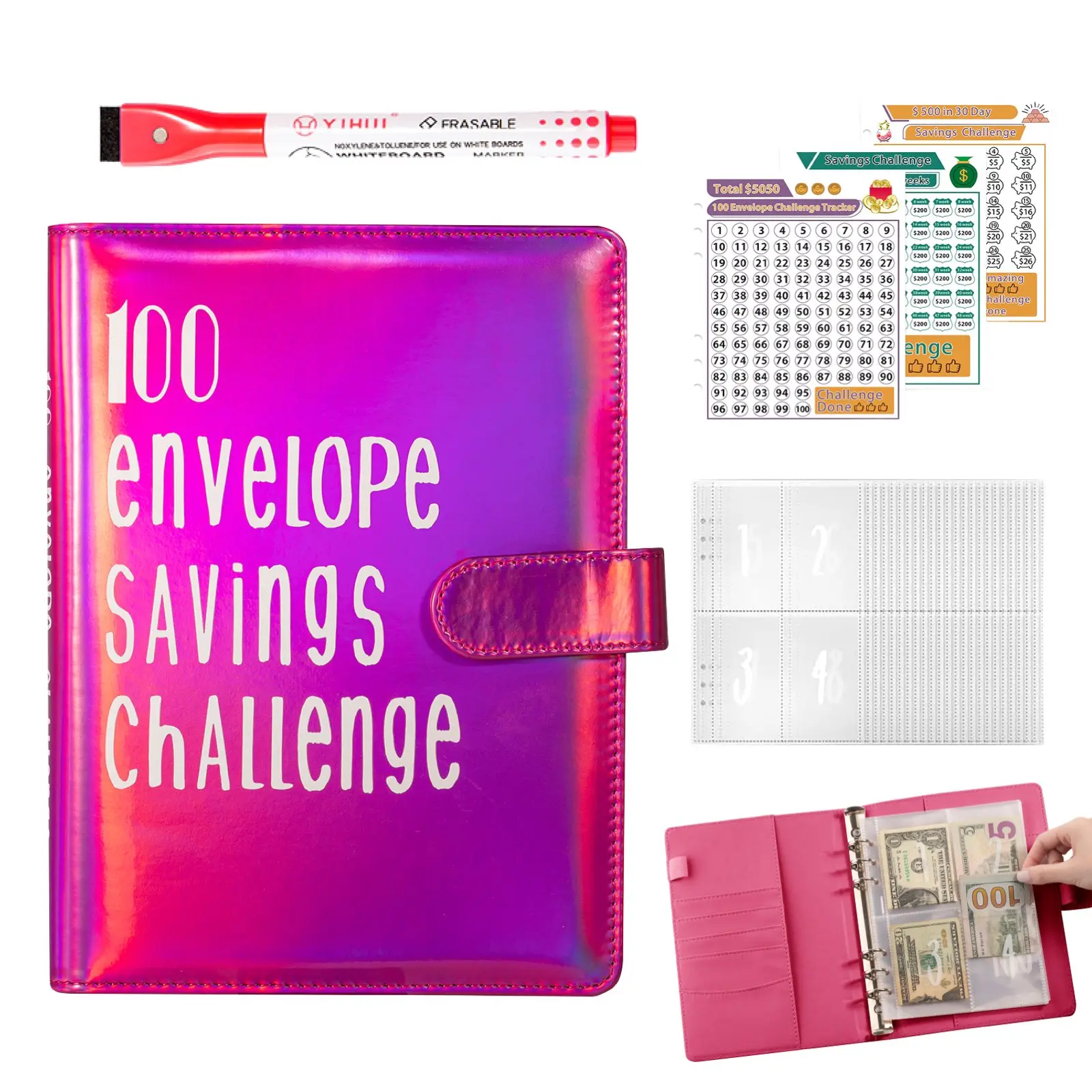 100 Envelope Money Challenge Budget Binder - Savings Challenge Planner, Finance Checklist Organizer, Cash Stuffing System, 30-Day to 52-Week Tracker, $500-$10,000 Fast Savings, Gift-Ready Office Stationery Supplies
