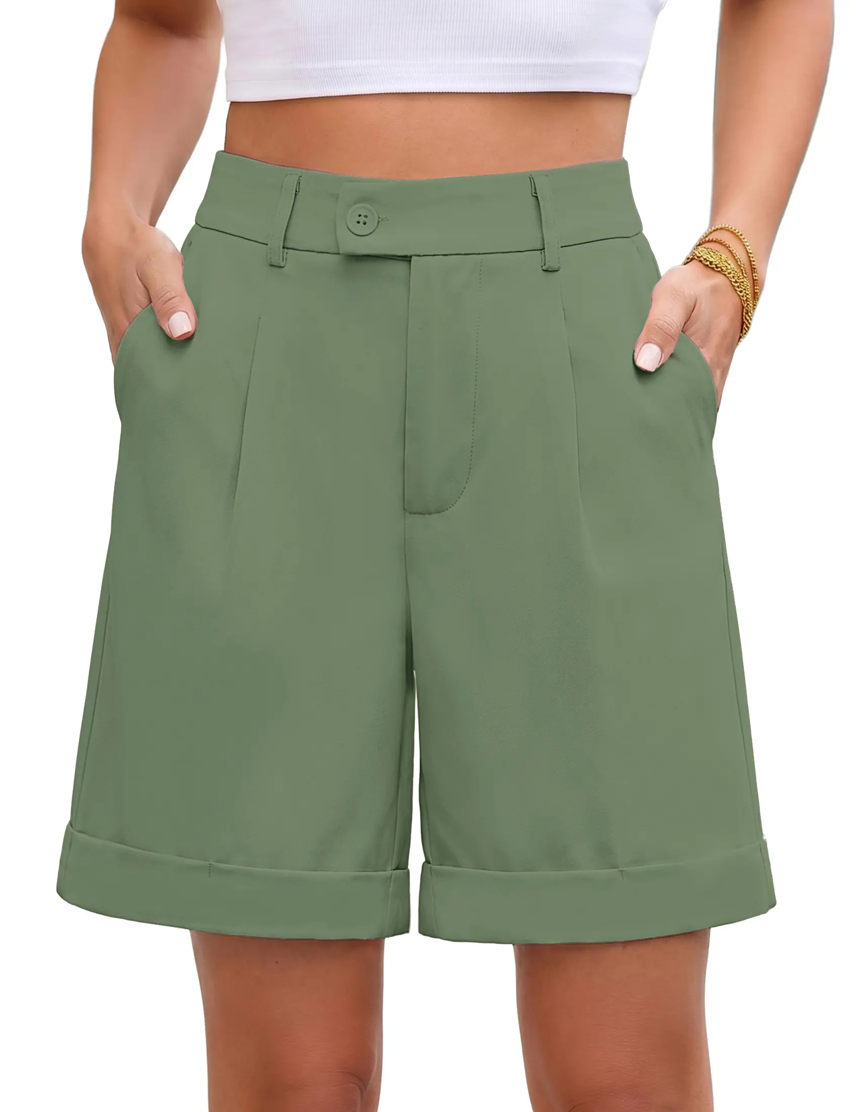 luvamia High Waisted Shorts for Women Dressy Casual Pleated Wide Leg Midi Baggy Work Shorts Rolled Hem with Pockets,back to school shopping