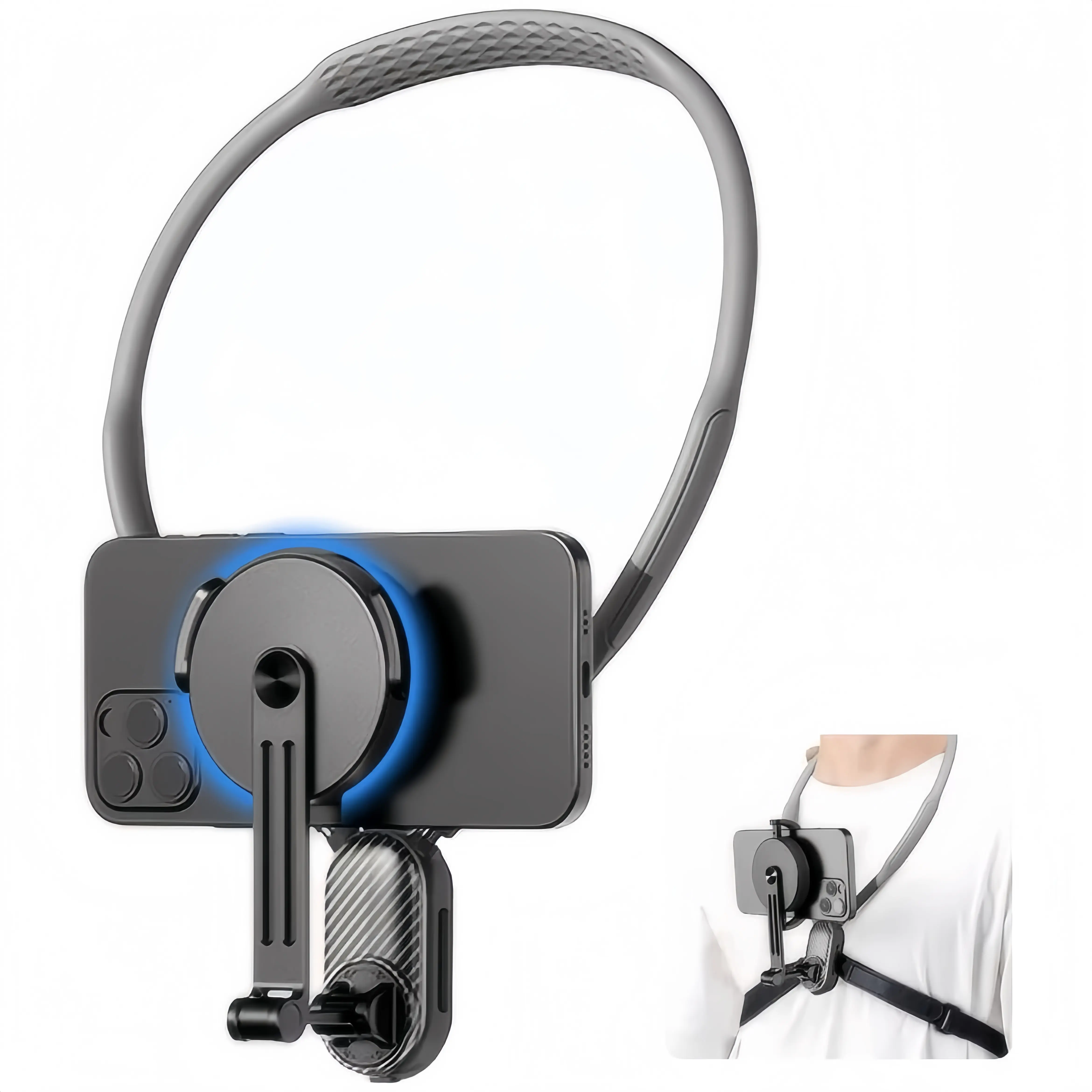 Magnetic Neck Hanging Smartphone Cellphone Mount SCS-NH001, 360° Rotatable Detachable Clip Stand, Hands-Free Chest Strap for POV Recording, Camera Accessories (GoPro, DJI, Insta360) – Ideal for Walking, Motorcycle Riding, Universal Smartphone Holder
