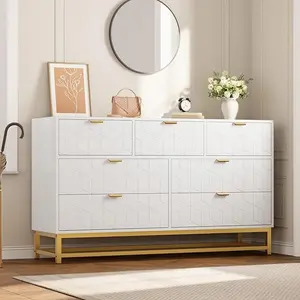 Gaomon White 7-Drawer Bedroom Drawer Chest - 53.5" Wide MDF Board Cupboards Cabinets Dresser with Groove Panels, Golden Metal Handles & Legs, Quick Install for Living Room, Hallway