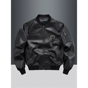 Men's autumn and winter motorcycle jacket windproof coat trendy all-match baseball collar embroidered leather jacket