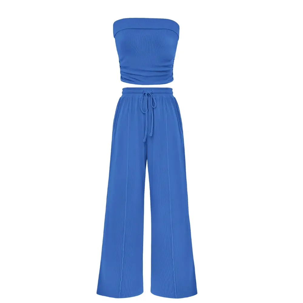 Women's 2 Piece Matching Outfit, Casual Ribbed Knit Strapless Crop Top with High Waist Wide Leg Lounge Pants, Lady, Sleeveless, Women's Clothes