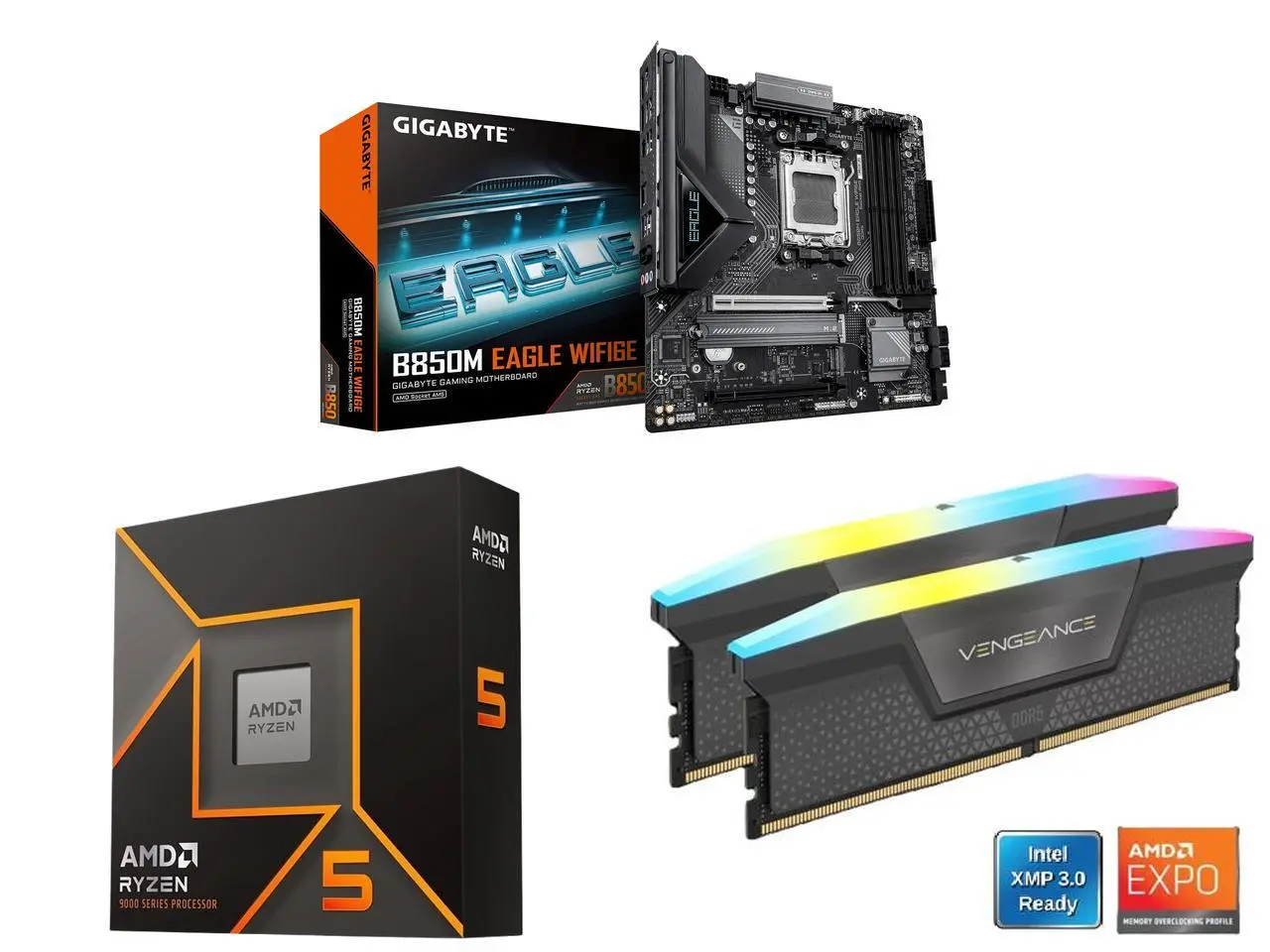 GIGABYTE B850M EAGLE WIFI6E AMD AM5 Motherboard, M-ATX, DDR5, 2x M.2, PCIe 5.0, USB-C, USB 3.2 Gen 2, 2.5GbE LAN, EZ-Latch, AMD Ryzen 5 9600X 6-Core 3.9 GHz, Radeon Graphics, CORSAIR Vengeance RGB 16GB DDR5 6000 RAM