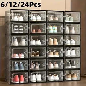 6/12/24-piece large-capacity shoe cabinet storage box, modular space-saving transparent plastic stacked shoe box with lid display box, sports shoe storage shoe rack, white and black optional, Shoebox Organiser