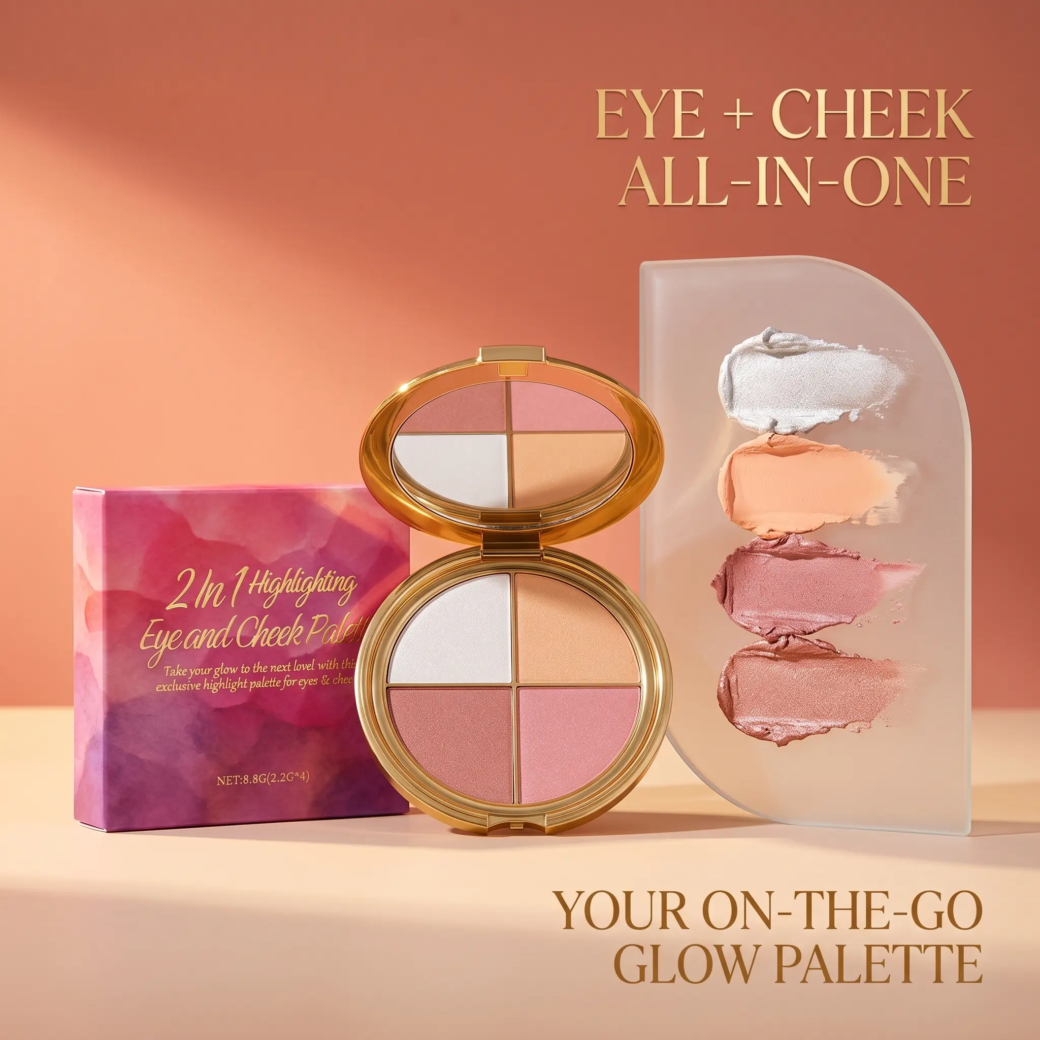 Eye and Cheek Palette - 4 Shimmers, Ultra-Blendable, Luminous Finish Gold Compact Highlighter Palette for a Flawless Eyes & Cheeks Glow 4-Color Radiant Highlighting Palette for Eyes & Cheeks -Duo,Chrome,Shimmer,Eyeshadow,Palette gloss chep pallet