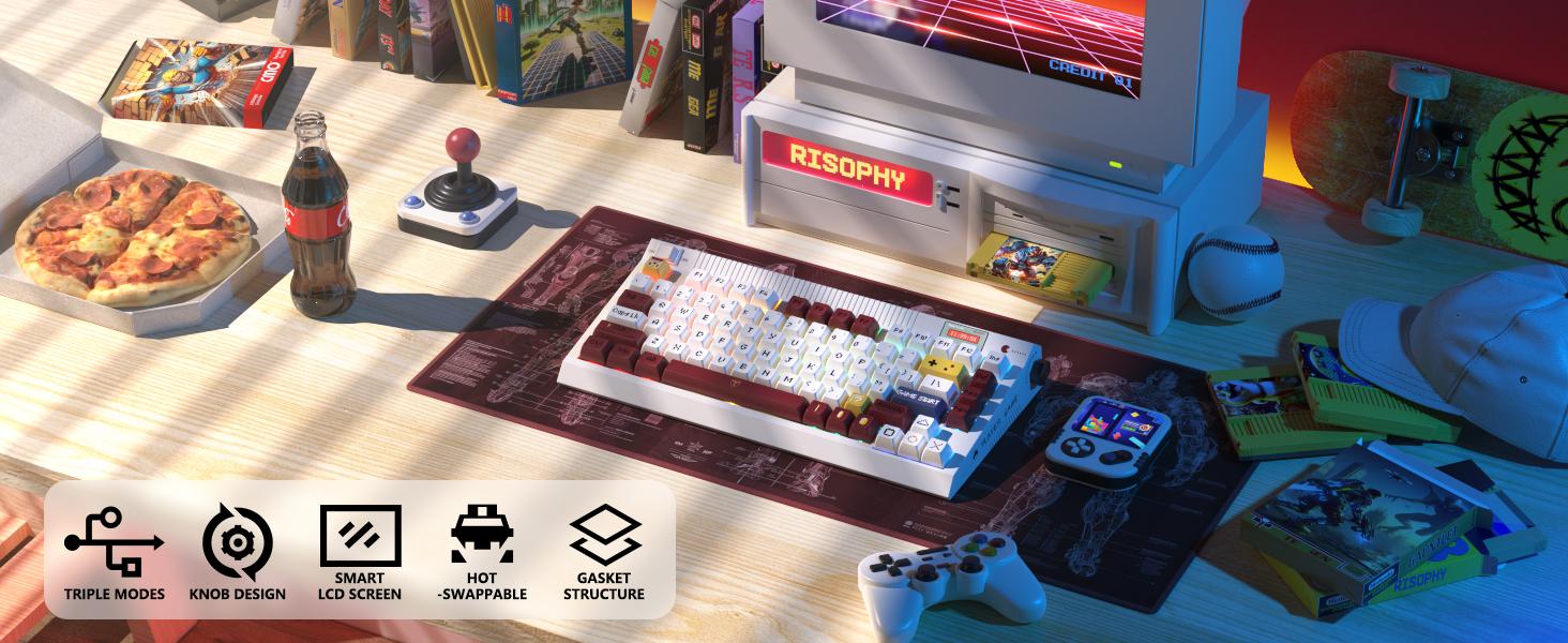 Risophy wireless retro typewriter keyboard with OLED screen & knob, three-mode link, 75% RGB mechanical keyboard, hot-swappable，Hi-Fi Linear Switch.