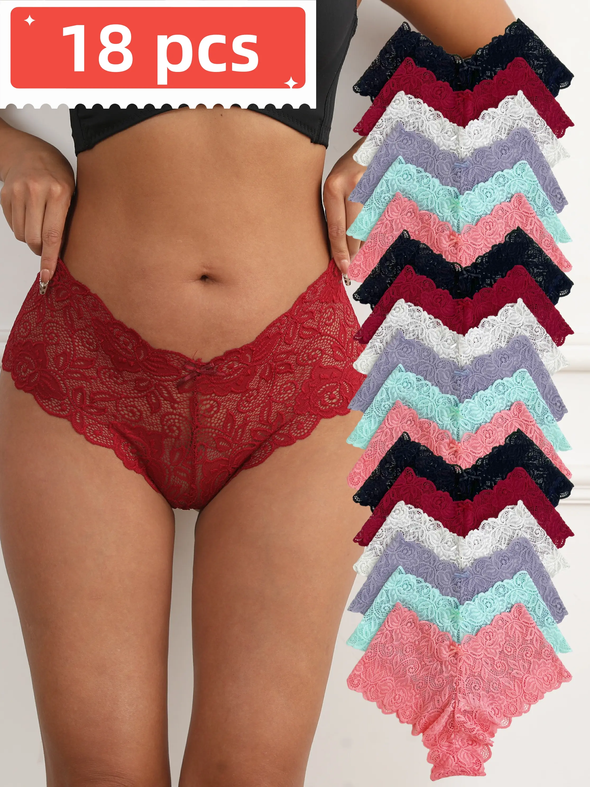 Women's Seamless Briefs 18-Piece Set - Soft & Breathable Lacy Nylon Underwear in Pastel Colorblock - Everyday Women's Clothes