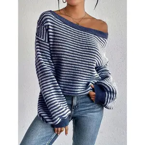 Women's Casual Off-Shoulder Pullover Sweater, & Striped Loose Fit Drop Shoulder Sleeve, Soft Knit Fall Winter TopGift