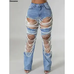 Women’s distressed ripped denim skinny jeans with pearl rhinestones and chain, slim fit, Y2K night club party bottoms, womenswear