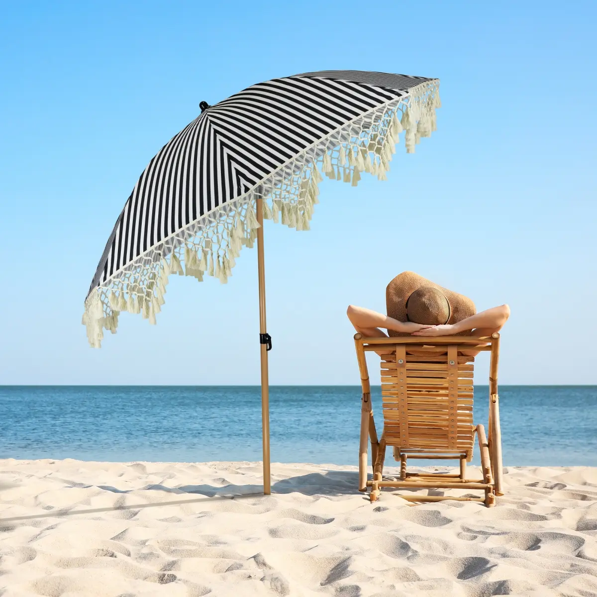 Northlight 35758346 Sturdy 6.5 ft. Black & White Striped Tiltable Outdoor Beach Market Umbrellas, Patio Furniture Accessory