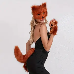 Halloween Fox Costume Set, Includes Plush Tail, Mask & Gloves, Cute Animal Theme Cosplay Accessories for Parties & Live Streams