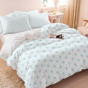 Japanese Style Light Blue Geometric Leaf Duvet Cover Set with One Duvet Cover and Half Pillowcases, Soft Breathable Minimalist Bedding for All Seasons, Modern and Japanese Wabi-Sabi Bedroom Decor