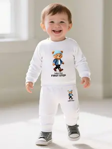 Newborn Baby Boy Long Sleeve Round Neck Sweatshirt Set, Cute Bear Cartoon Print, Casual Fitted All Season, Thin Kint Fabric, Baby Clothing