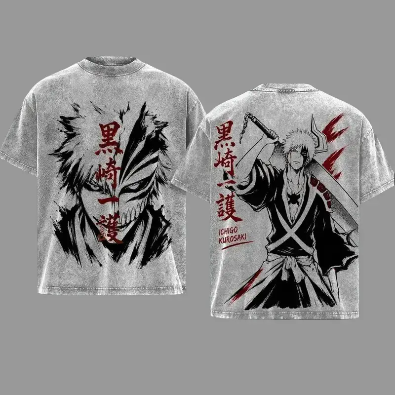 Men's Oversized Unisex Bleach Ichigo Kurosaki Vintage Washed T-Shirt - Menswear Tops, Hollow Mask & Zangetsu Sword Anime Graphic, Japanese Kanji Red Black Manga Ink Art, Double-Sided Print, Heavyweight Streetwear