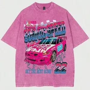 Retro Y2K Cosmic Speed Race Car Graphic Oversized T-Shirt, Vintage Washed Pink Racing Car Print Streetwear Tee, Casual Short Sleeve Top for Women Men