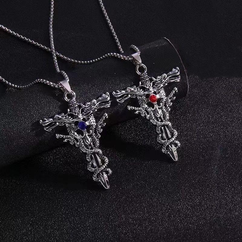 Cross Necklace for Men, Double Dragon Sword Pendant, Men's Unique Accessories, Vintage Fashion Accessories