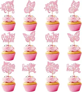 12Pcs Birthday Cupcake Toppers,Pink Glitter Floral Cake Toppers Butterfly Cupcake Picks for Coquette Theme Party Decoration Engagement Wedding Baby Shower Party Cupcake Decor  Ornaments