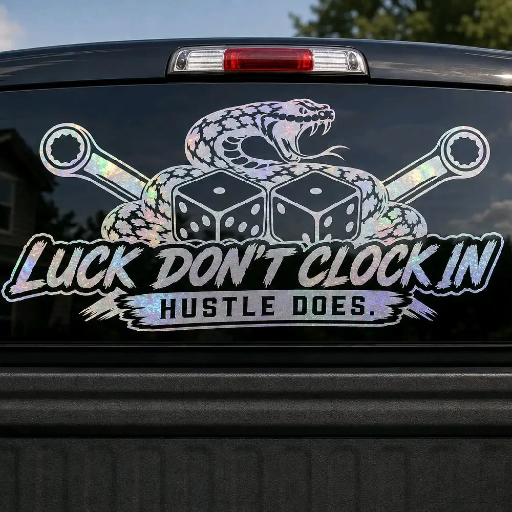 Luck dont clock in, hustle does, blue collar decal for cars or trucks #005