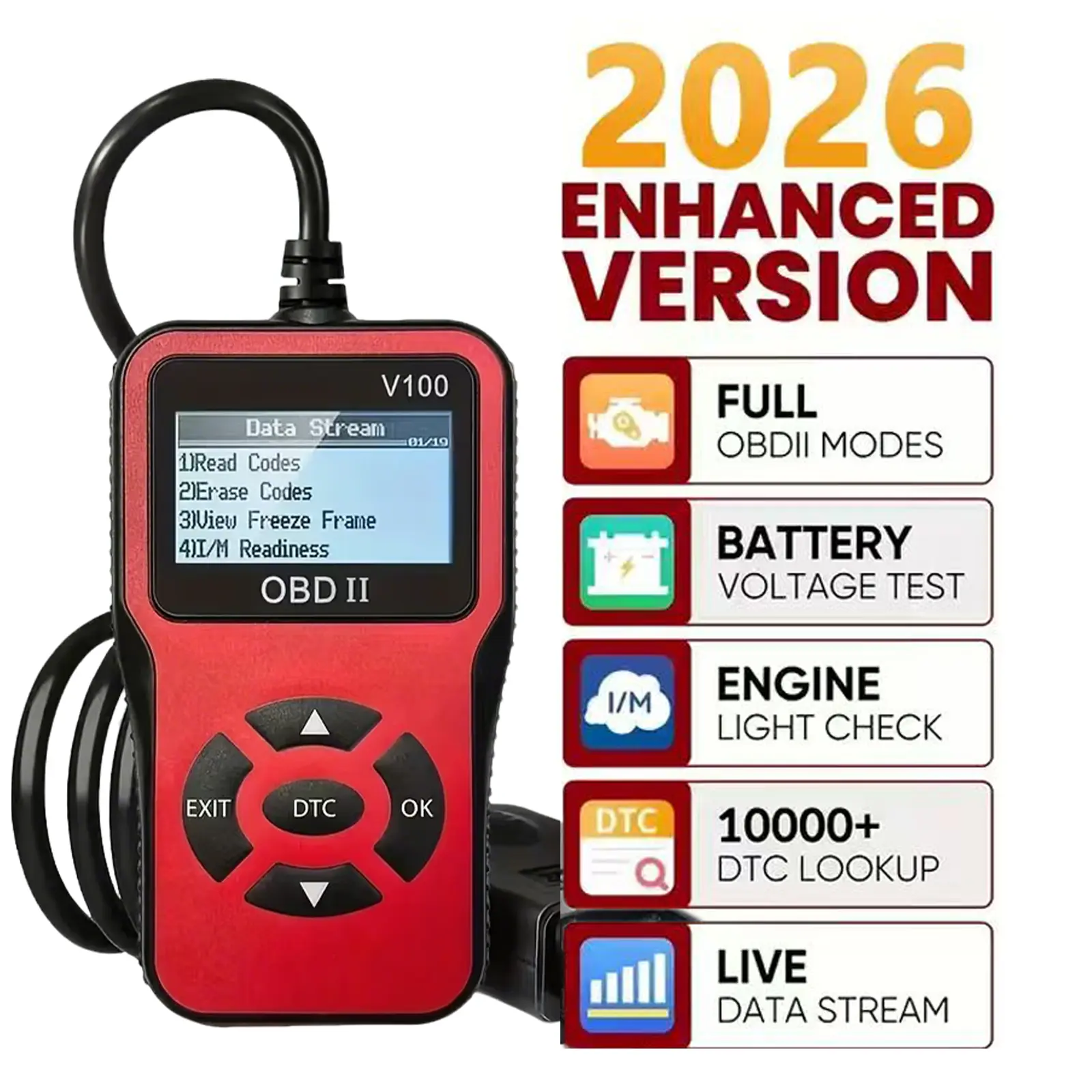 2026 Newest V100 OBD2 Scanner Professional OBDII Code Reader, DTC Lookup, Read & Erase Fault Codes, Real-Time Data Stream, I/M Readiness Test, Check Engine Light Reset Car Diagnostic Scan Tool for All 1996+ OBD2 Vehicles