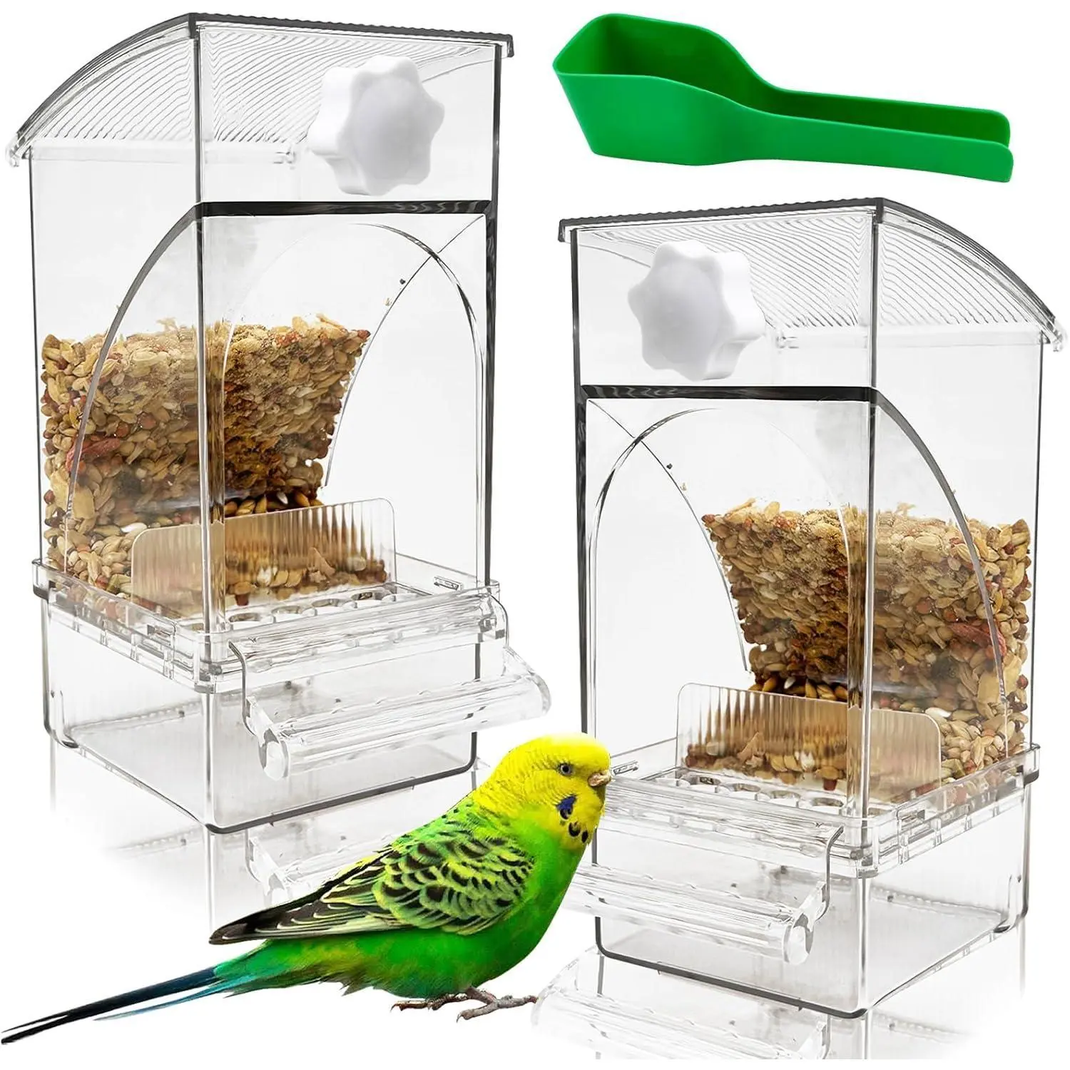 Transparent Acrylic No-Spill Bird Feeders - Automatic Cage Mounted Seed Food Containers with Built-in Perch, Mess-Proof Feeding Station with Clear Food Level Window for Parakeet Budgies Lovebirds Finch Canary
