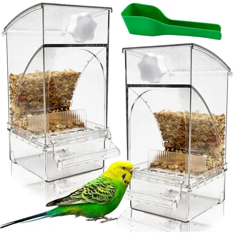 Cage-Mounted Spill-Proof Bird Feeder for Small Birds - Transparent Acrylic Automatic Dispenser with Perch-In Stand, Detachable Hull-Separated Mess-Free Station, 7-Day Seed Supply, Stain-Resistant Tool with 7 Days of Feeding Capability