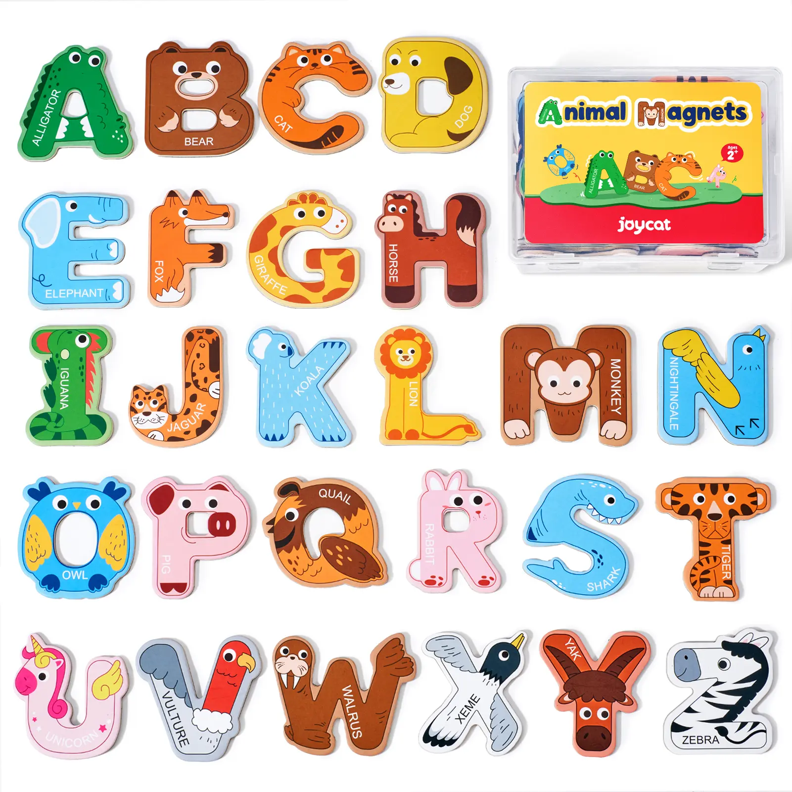 JoyCat Thick Wooden Large Round Animal & Fruit Shaped Magnetic Item Set, Refrigerator Decor with 26 Uppercase ABC Letters, 0-9 Numbers, Full Magnet Back, Room Decor, Storage Box, Educational Language Toy summerwins